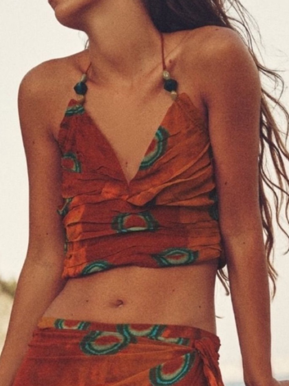 Zara batik printed beaded halter crop top Tribal Festival Tie Halter Top XL